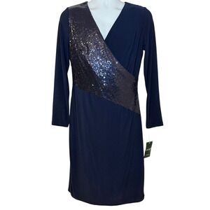Lauren Ralph Lauren Sheath Dress Navy VNeck Sequin Evening Cocktail Womens Sz 12